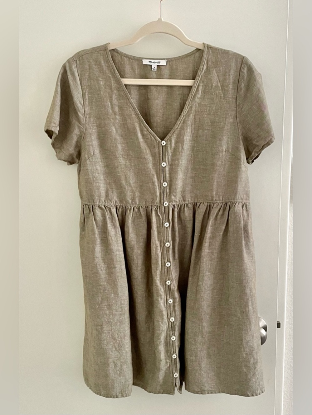 Linen Blend Madewell Button-Front Mini Dress in Olive Branch Sz M